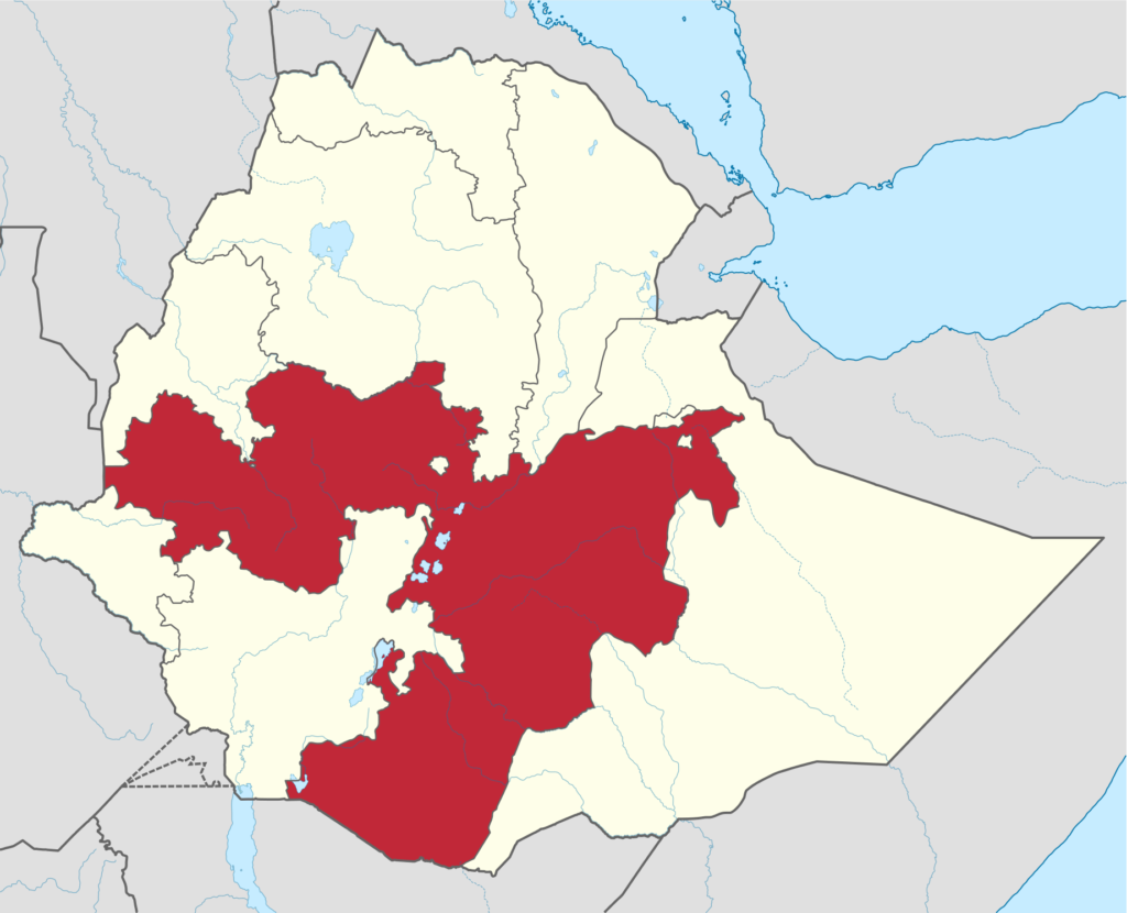 Vyznačení regionu Oromie na mapě Etiopie 
