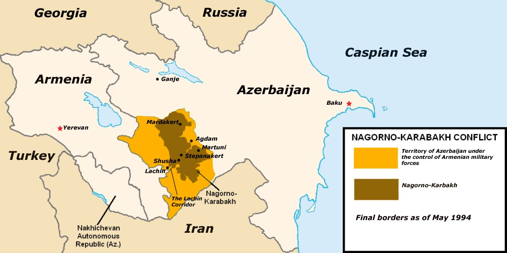 Mapa situace po uzavření příměří v roce 1994, znázorňující území Náhorního Karabachu a okupovaná území Ázerbájdžánu. 