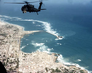 Michael Durant's helicopter over Mogadishu. Mike Goodale rode on this one.