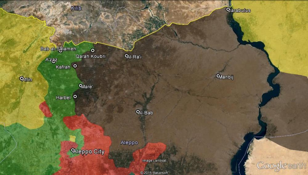 Snímek ke dni 22. prosince 2015; žlutá – Kurdové, zelená – rebelové/opozice, červená – režim, hnědá – Daesh, žlutá lajna v horní části jsou Turecko-Syrské hranice. (zdroj: Vice-news).
