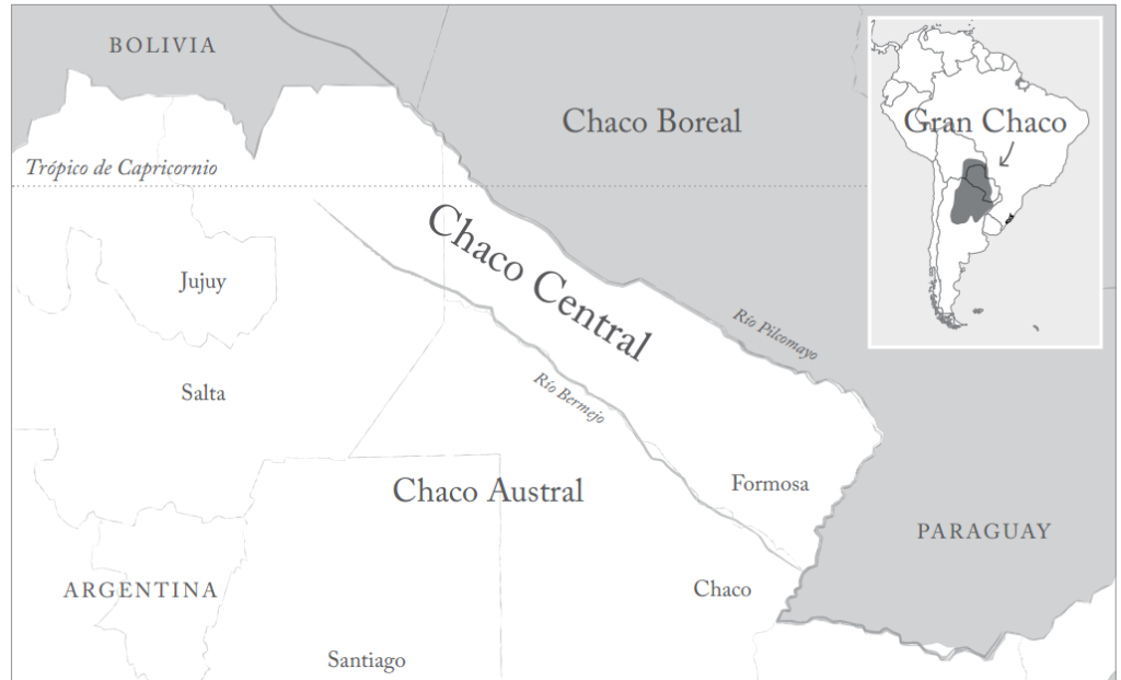 Mapa č. 1 – rozdělení Chaca řekami Pilcomayo a Bermejo (Teuco) na 3 podoblasti (Guzmán 2012).